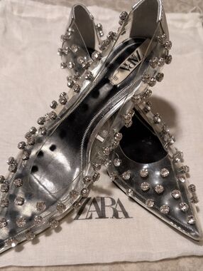 ZARA Clear PVC Pointed Kitten Heels with Silver Rhinestones